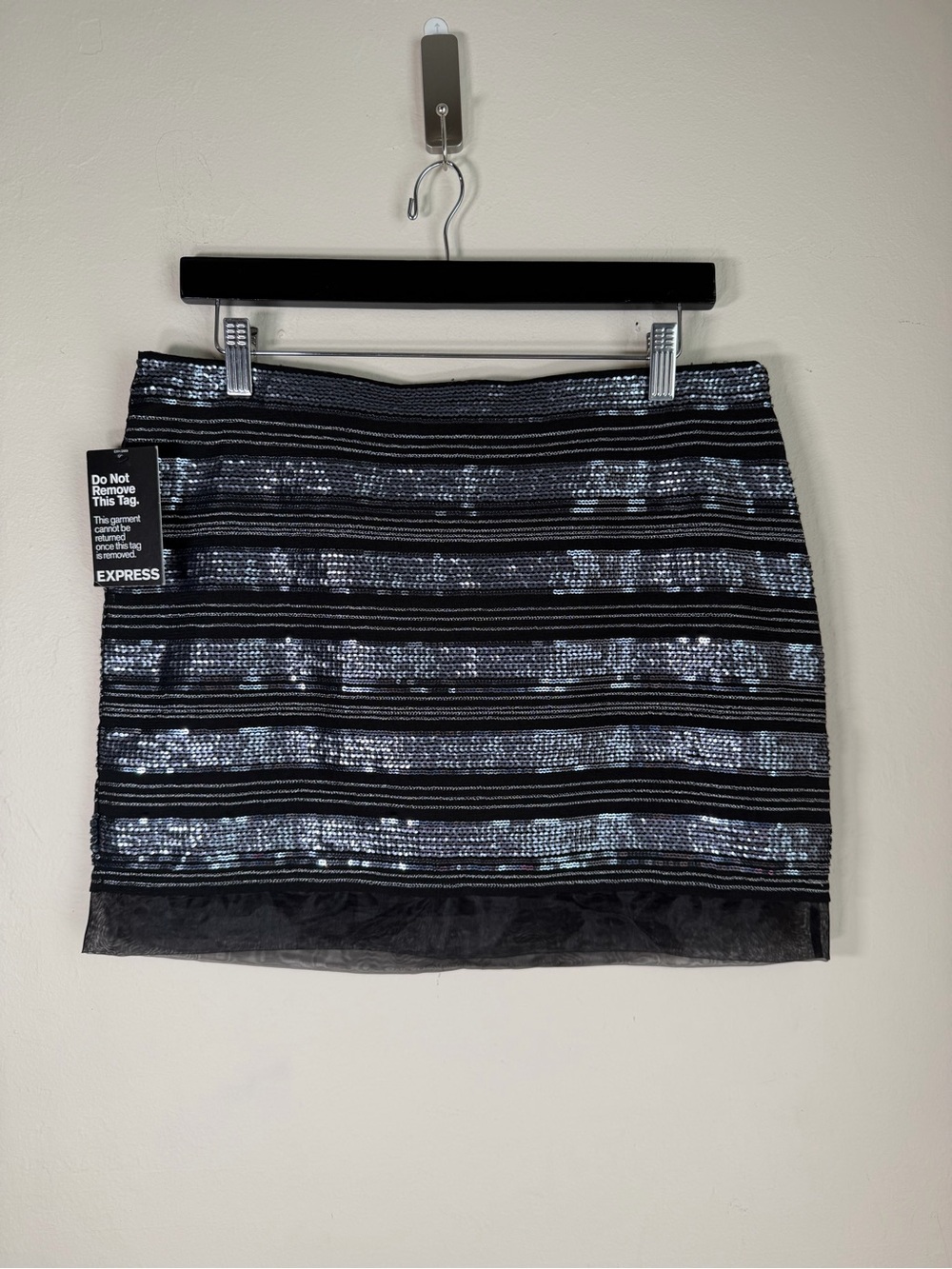 Express Black and Silver Sequin Stripe Mini Skirt